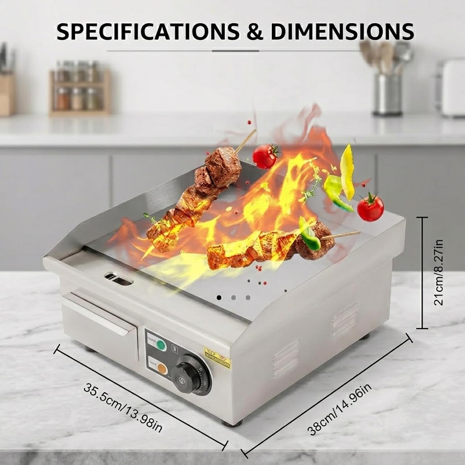 304 Stainless Steel Grill, Electric Flat Top Griddle with Safety Indicators, 0-300℃ (32-572℉) Adjustable Temperature, Non-stick, for Roadside Stalls and Shops