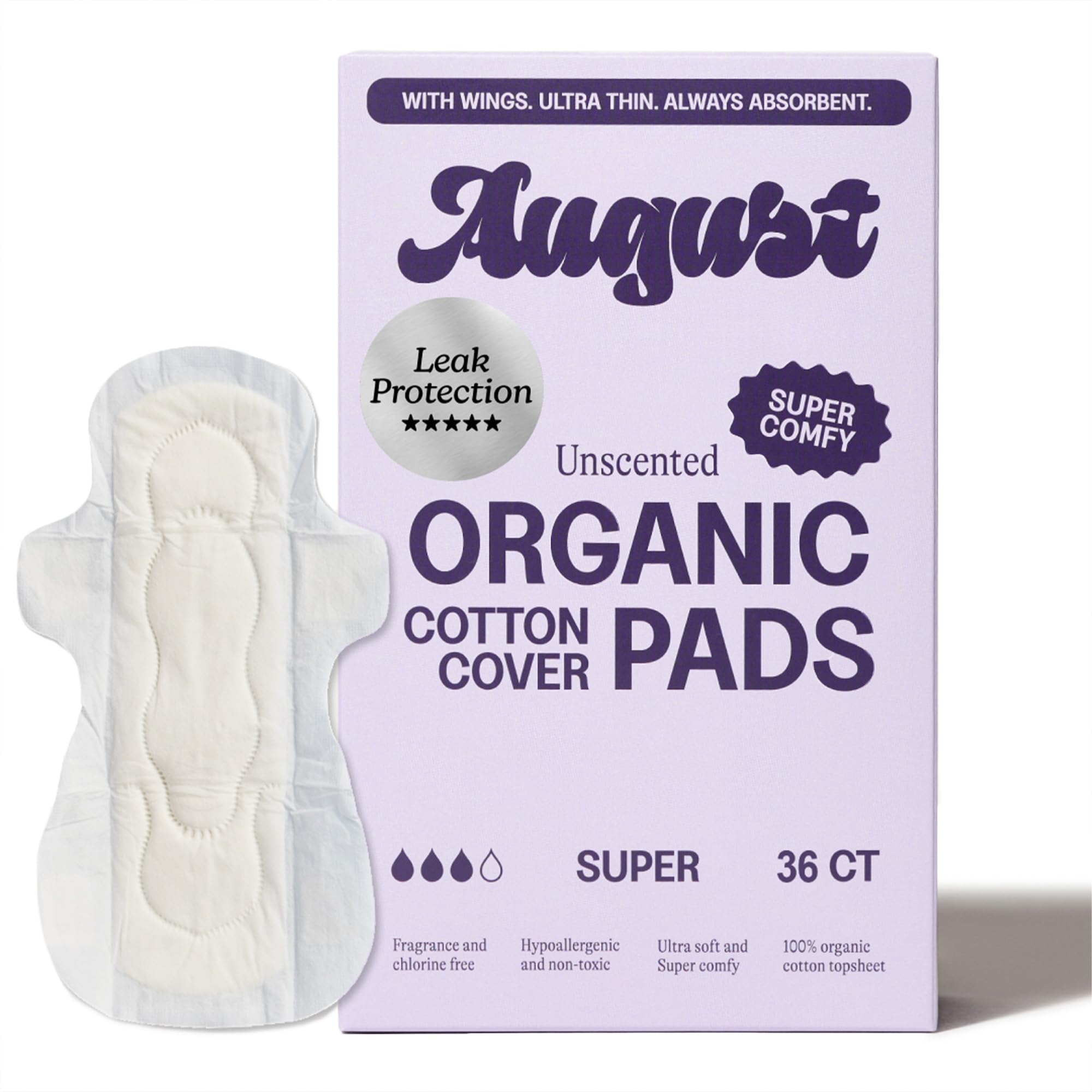 August Super Cotton Menstrual Pads, 36-Pack Ultra Thin Pads with Wings, Hypoallergenic Sanitary Napkins with Organic Cotton Topsheet, Compostable