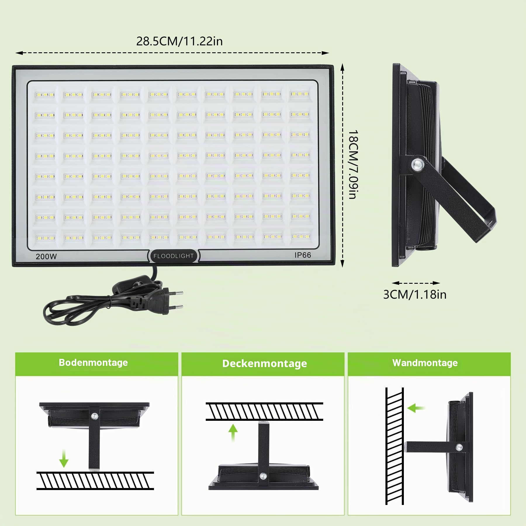 VAYALT 200W LED Strahler Außen 2 Stück, IP66 Wasserdicht und Superhell 6500-7000K 20000LM Led Scheinwerfer 230V, Led Strahler mit Stecker, Flutlichtstrahler für Hell Garten Garage Sportplatz Hof