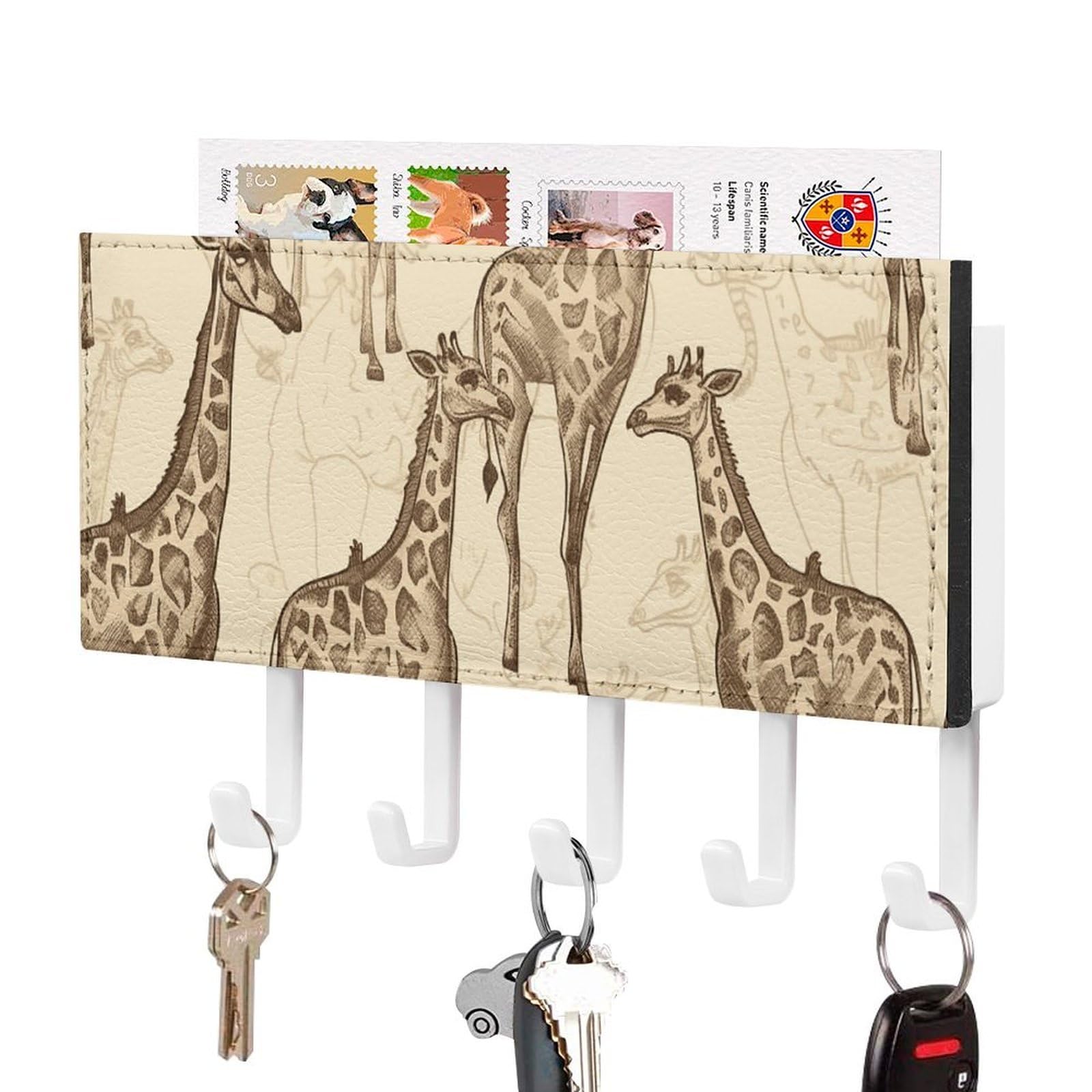 DWVTSLH Hand Drawn Giraffes Key Holder for Wall, Decorative Key Hooks with Mail Organizer & 5 Hooks, Self Adhesive Leather Key Hanger for Entryway, Wall Mounted Key Rack (7.1” X 4.3” X 0.9”)