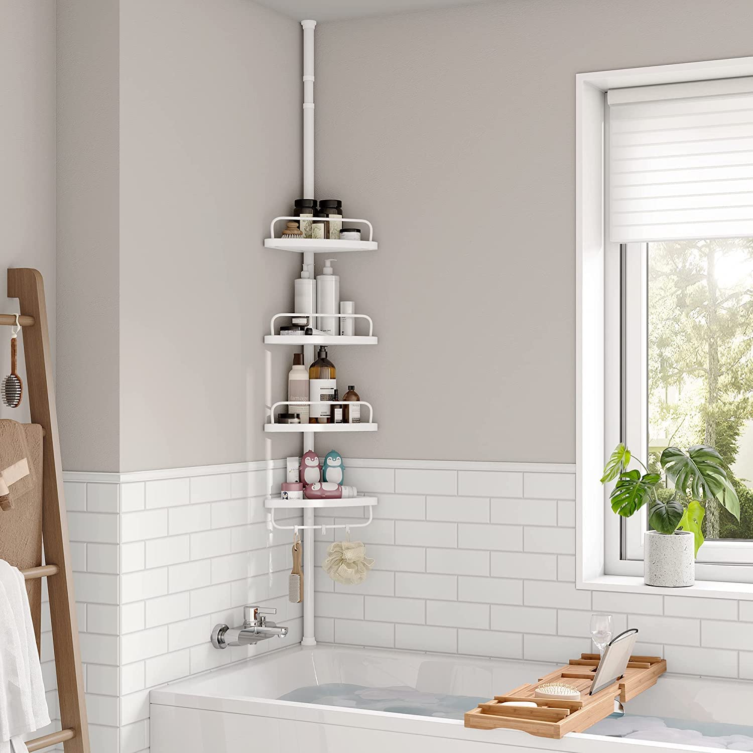 SONGMICS Mensola Doccia Telescopica e Regolabile, 4 Ripiani, Scaffale Angolare Bagno, Altezza 85-305 cm, Bianco BCB001A