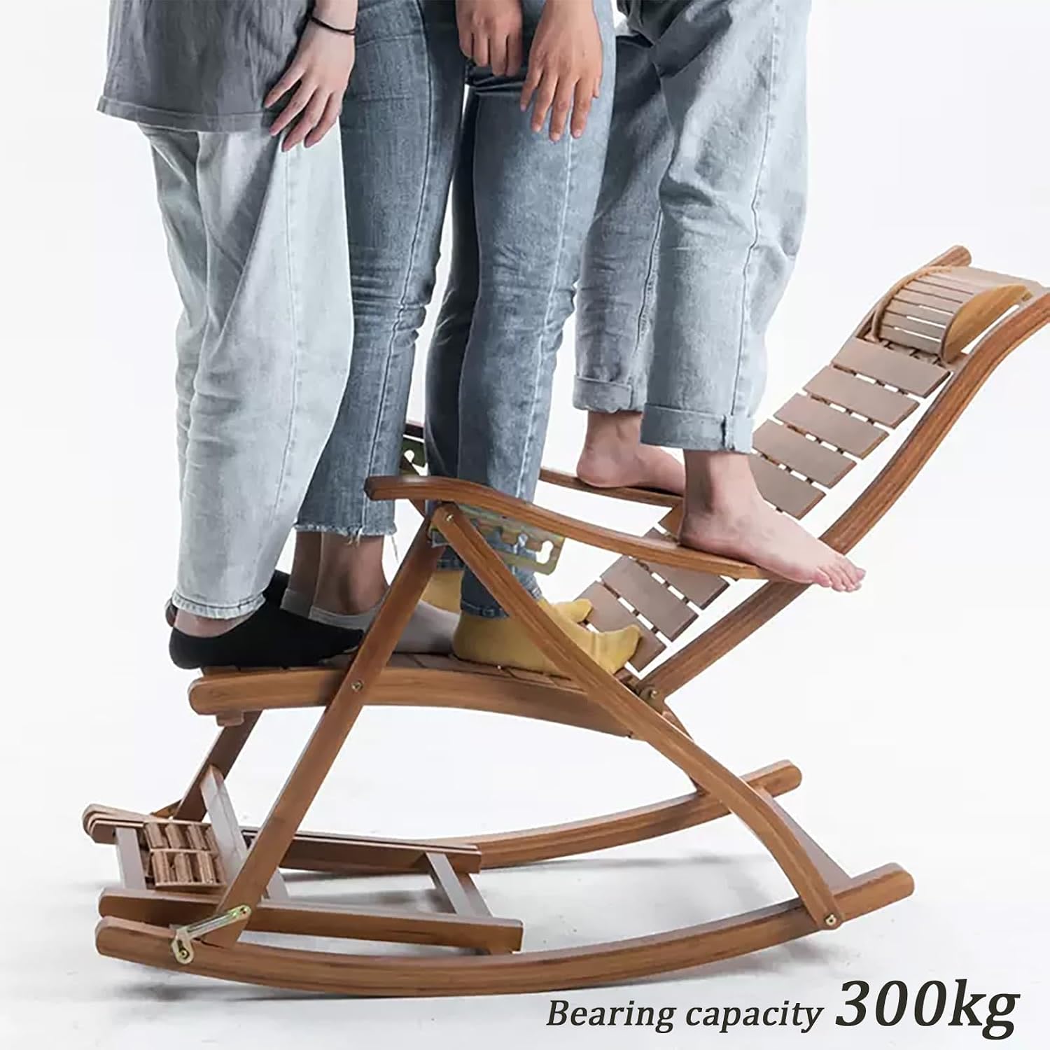 Foldable Recliner, Rocking Chair with Massage Footrest, Elderly Adult Lounge Chair, Adjustable Backrest, Outdoor Rocker Armchair, Bamboo Leisure Chair, Bearing Capacity 300kg (Color : Brow