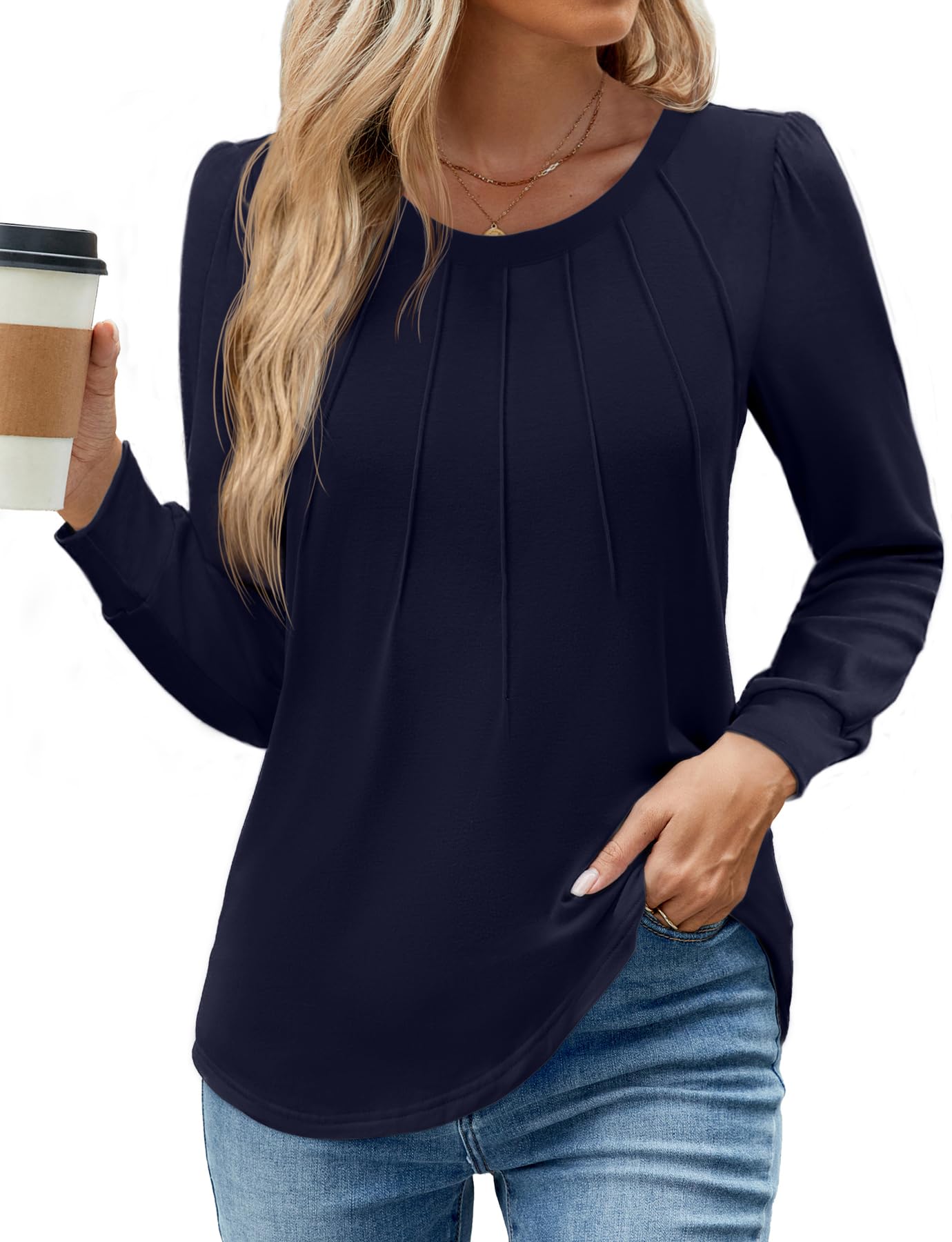 WEACZZY Long Sleeve Shirts for Womens Casual Pleated Tunic Tops Fashion Pleated Dressy Blouses