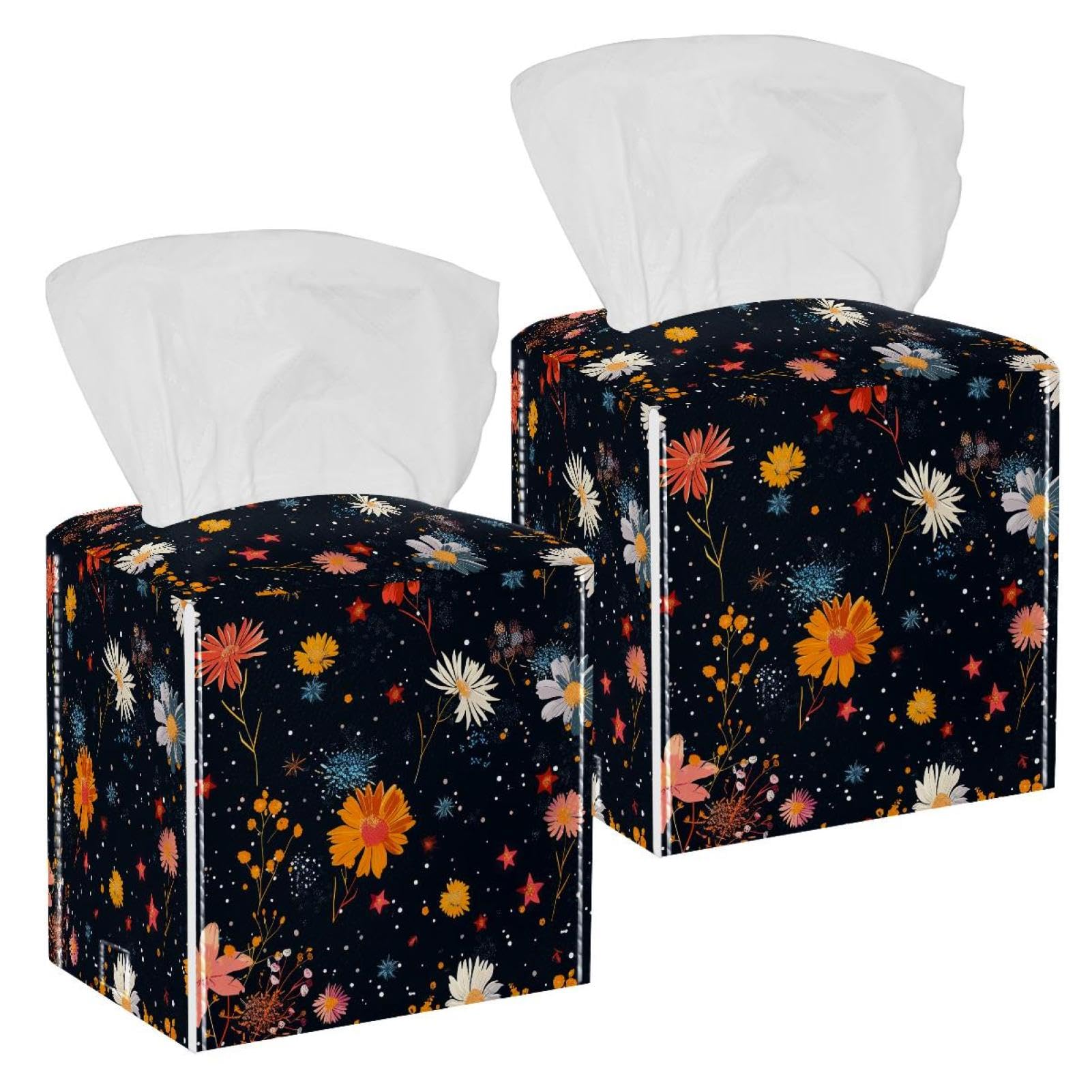 Floral Dots Tissue Box Cover, 2 Pack PU Leather Square Facial Tissue Dispenser Box holder for Home Office Car