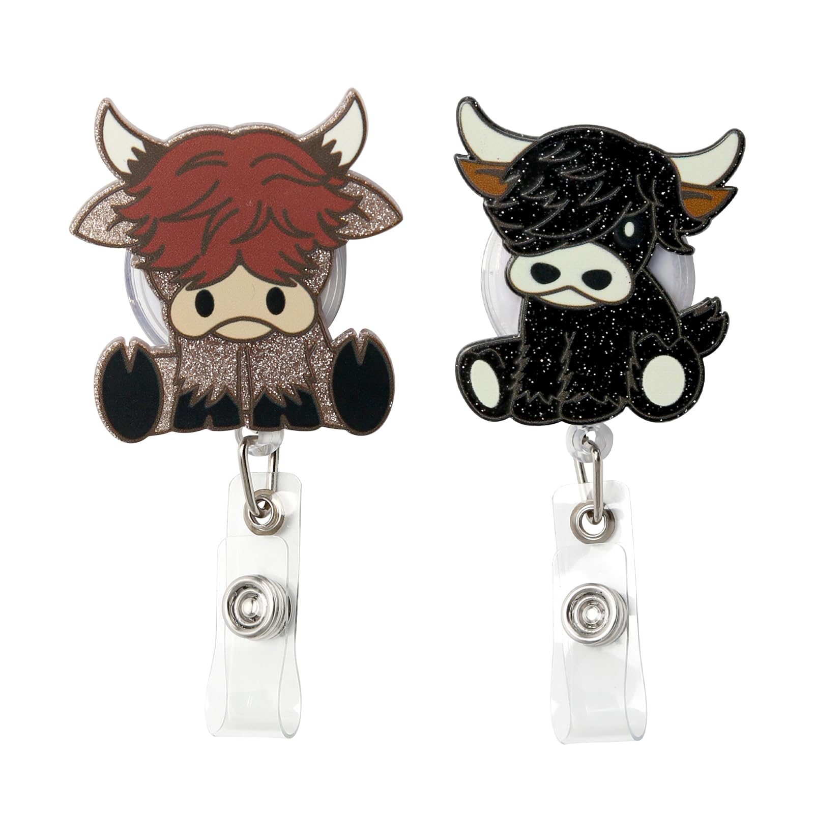 Badge Reel, 2 Pack Retractable Badge Holder Highland Cow Cute ID Card Holder Polyester Retractable Lanyard Hospital Office School Nurse Teacher Staff Student ID Holder