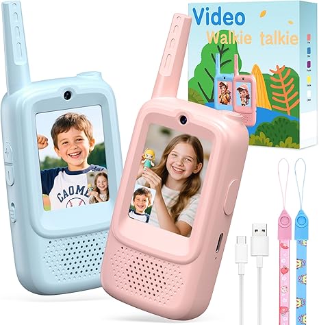 Kids Video Walkie Talkies, 2 Pack with Camera, See Each Other While They Talk, No WiFi No SIM Private Channel, USB-C Rechargeable, Up to 1150 Ft, Ages 3-12, Blue & Pink