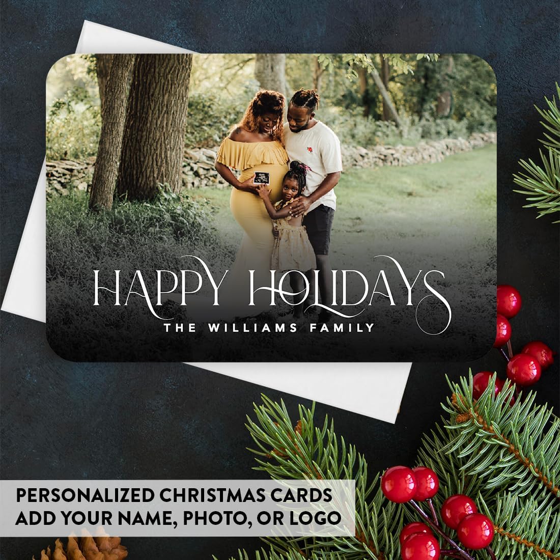 Andaz Press Personalized Christmas Cards with Envelopes, Photo Custom Holiday Cards with White Happy Holidays Font, 5x7 Inch Thick Cardstock Bulk Boxed Greeting for Family, Business Clients, 24-Pack