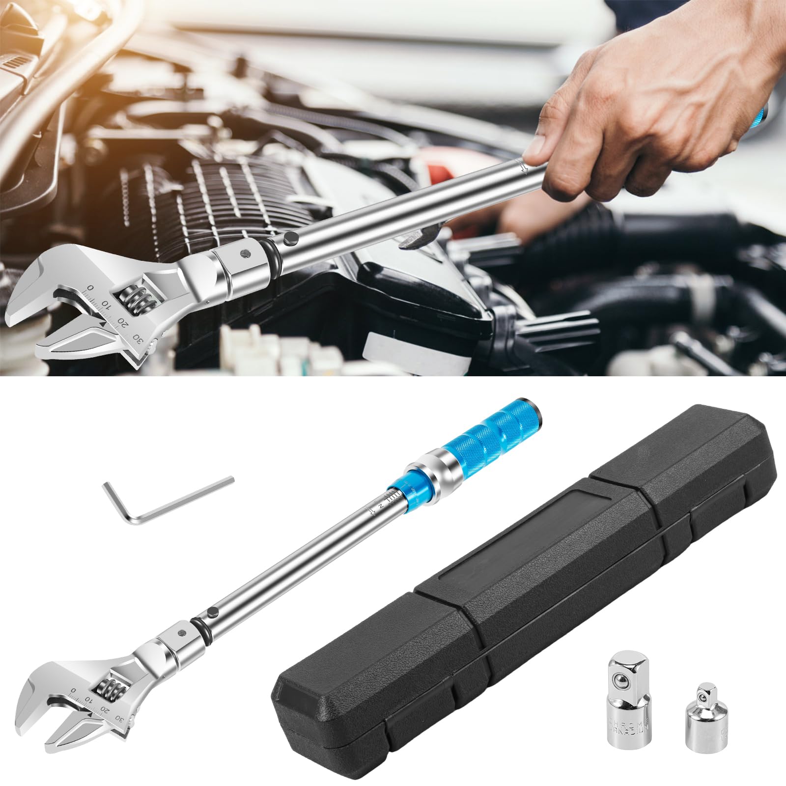 Llave dinamométrica ajustable, 5 a 60 Nm, 30 mm, llave dinamométrica de extremo abierto con cabezal intercambiable y clic, herramienta de llave dinamométrica segura, llave dinamométrica profesional