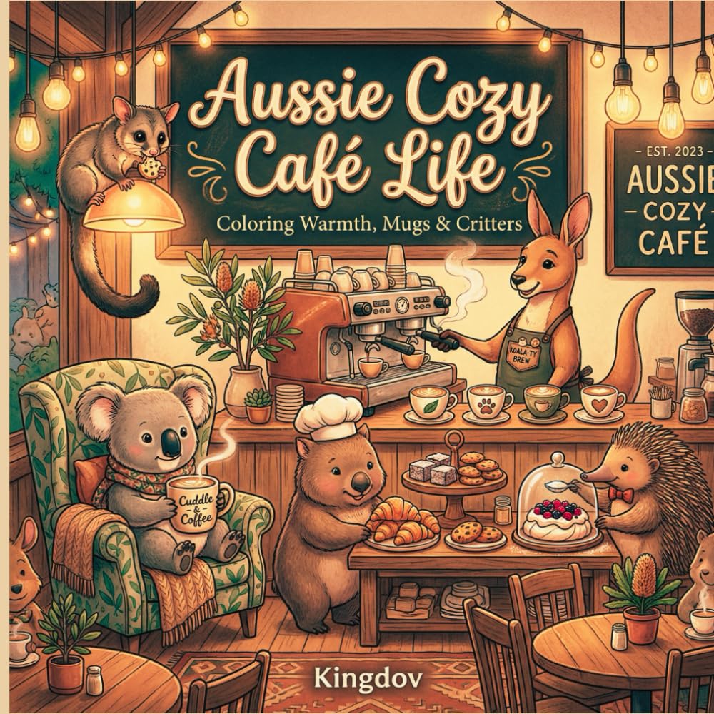 Aussie Cozy Café Life: A Relaxing Coloring Book of Australian Café Moments with Kangaroos, Koalas & Adorable Native Wildlife (Cuzy Coloring Books Collection)