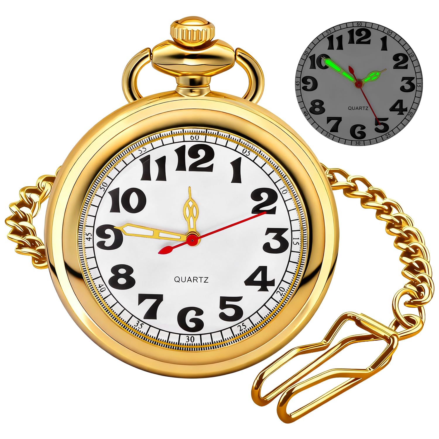 Gold Classic Shiny Arabic Numeral Men's Quartz Pocket Watch, Quartz Movement with Chain-Gold-image-47