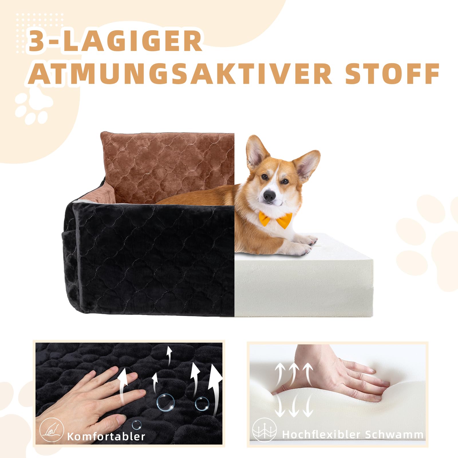 Hunde Autositz für mittlerer große Hunde, Abnehmbarer Hundesitz Auto bis zu 25kg mit 2 Sicherheitsleinen, Waschbarer Hundebett Auto für den Rücksitz,Braun+schwarz