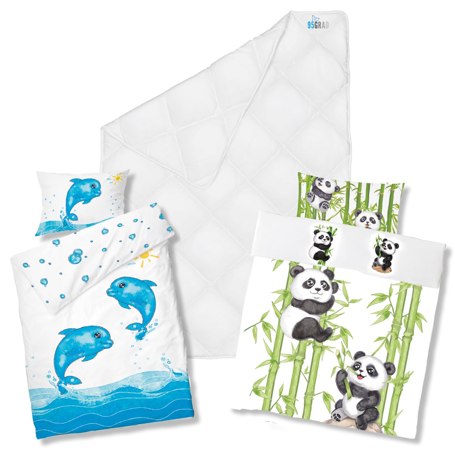 Koru Kids® Kinder Bettdecke 100x135 cm - für Frühjahr/Sommer - Set mit 2 Kinder-Bettbezügen Delfin & Panda – mit 95° waschbar – extra Hygiene für Allergiker – Kinderbettdecke - Duvet