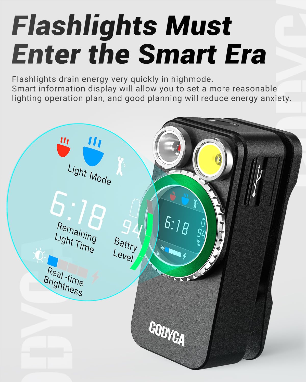 Godyga Torcia LED 4-in-1 Ricaricabile con Metro Laser, Luce Bianca & Rossa, Contatore Colpi Golf, 500 Lumen IPX6, Torcia Compatta con Clip Magnetica