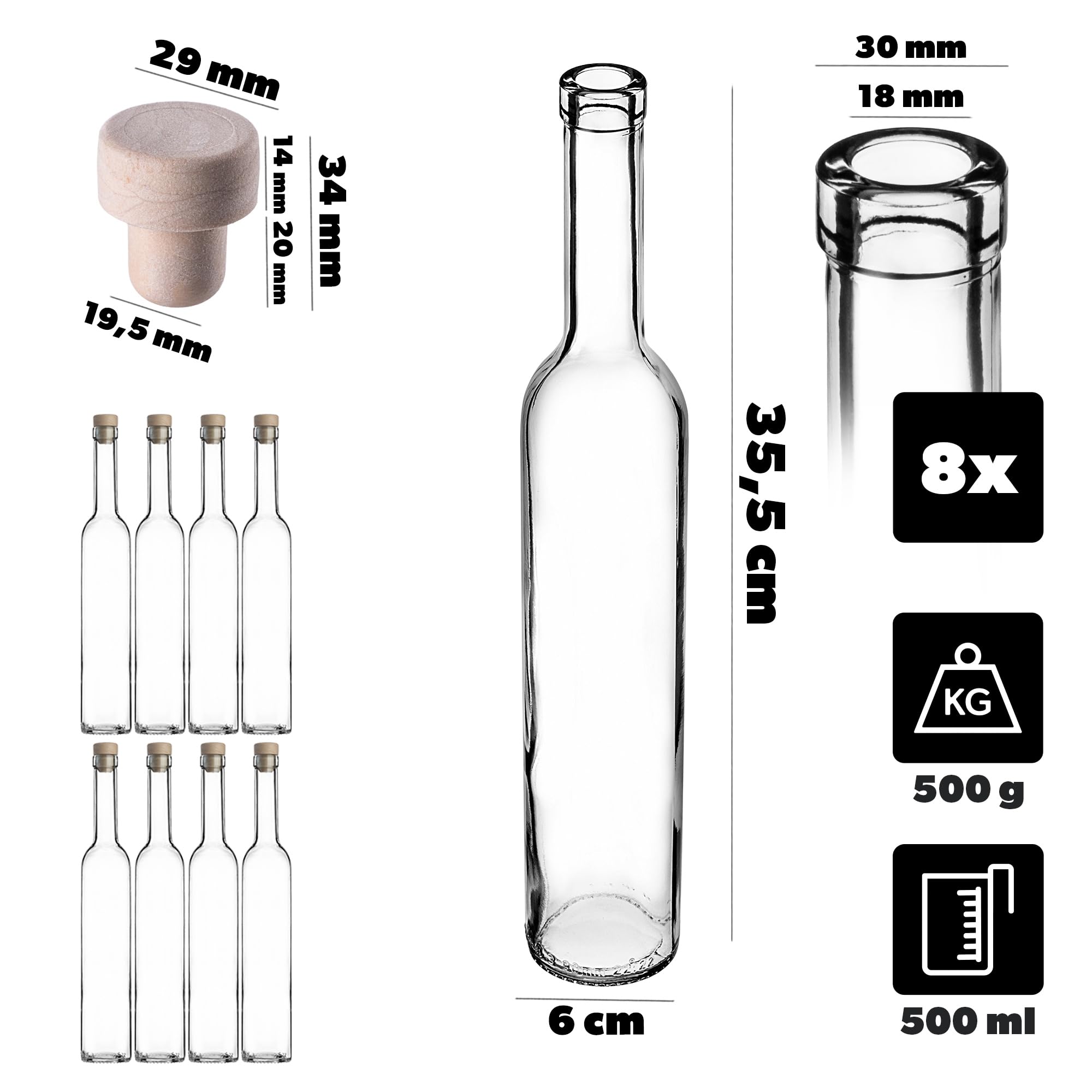 KADAX Zestaw 8 szt. Butelki szklane 500 ml z korkiem, szczelne zamknięcie, wytrzymałe szkło, do rozlewu nalewek, wina i destylatów