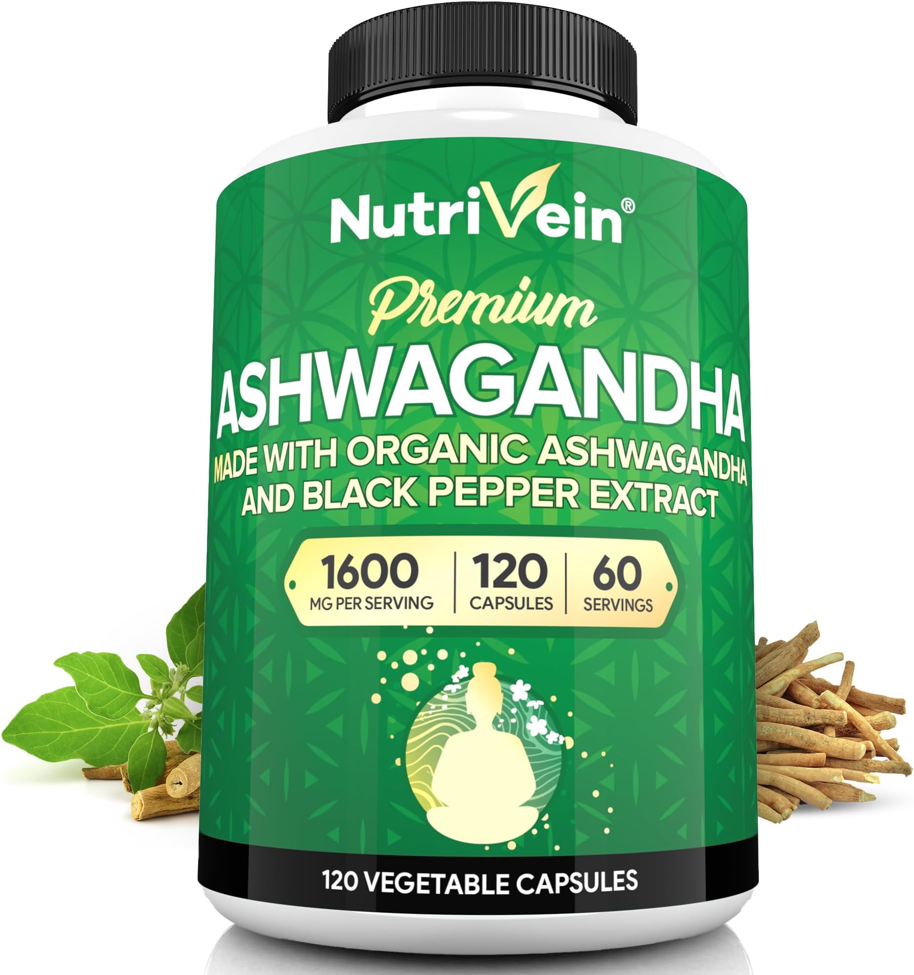 Nutrivein Organic Ashwagandha Capsules with Black Pepper Extract (1200mg,120 Pills)