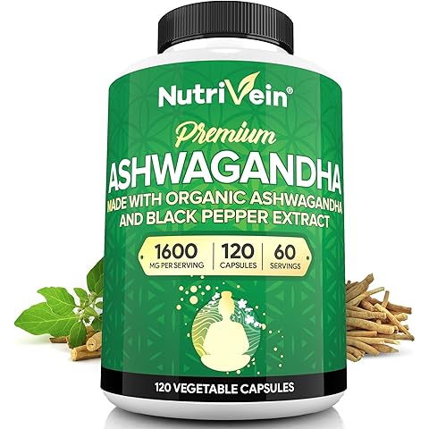 Nutrivein Ashwagandha for Men & Women - 1600mg - Enhanced with Black Pepper - High-Absorption Root Powder Ashwagandha Supplements for Mood Balance, Restful Sleep, & Focus - 120 Vegan Capsules