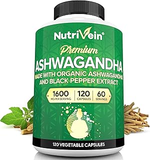 Nutrivein Ashwagandha for Men & Women - 1600mg - Enhanced with Black Pepper - High-Absorption Root Powder Ashwagandha Supplements for Mood Balance, Restful Sleep, & Focus - 120 Vegan Capsules