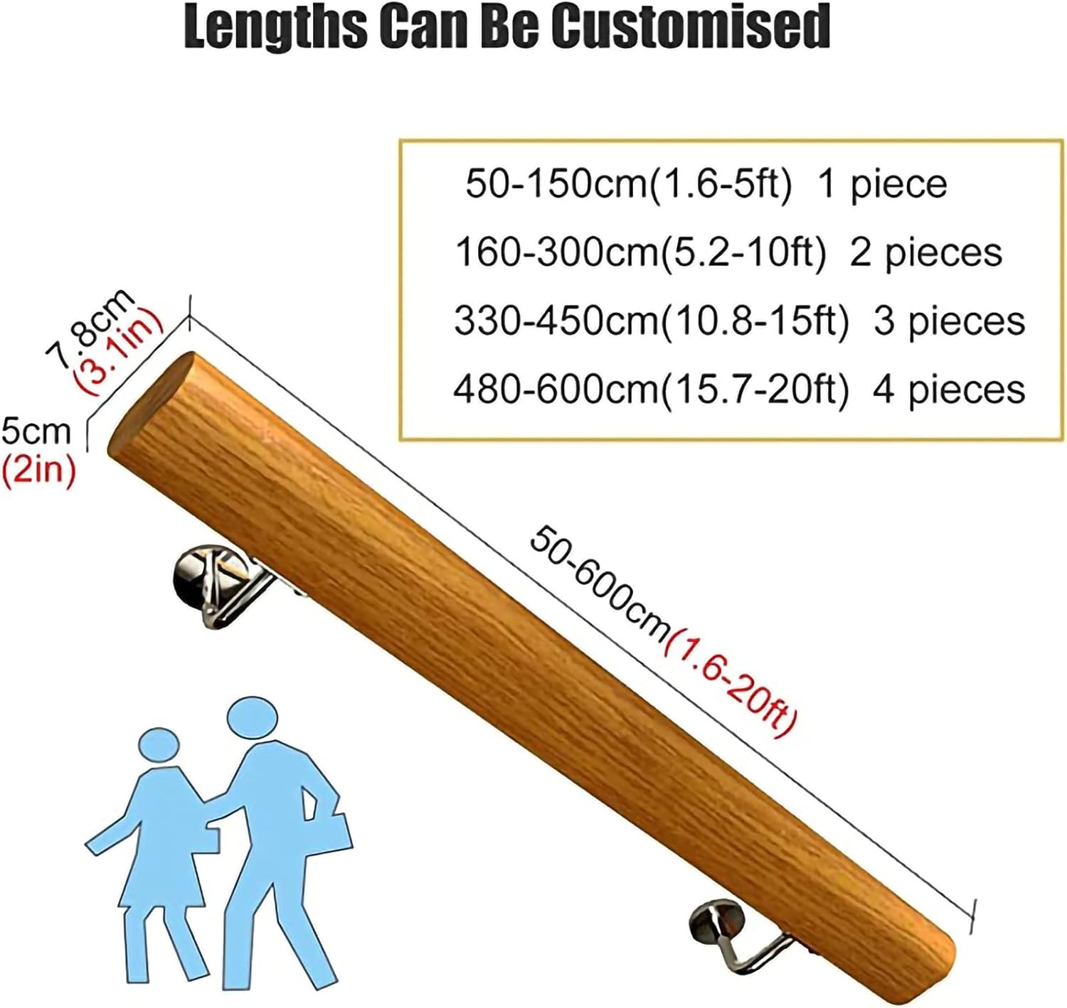 MObyat Stair Handrail Wooden Handrails Stair Banister Kit Safety Solid Wood Staircase Handrail Non-Slip Stair Armrest with Stainless Steel Brackets Wall Mounted Handrails/80Cm/2.6Ft