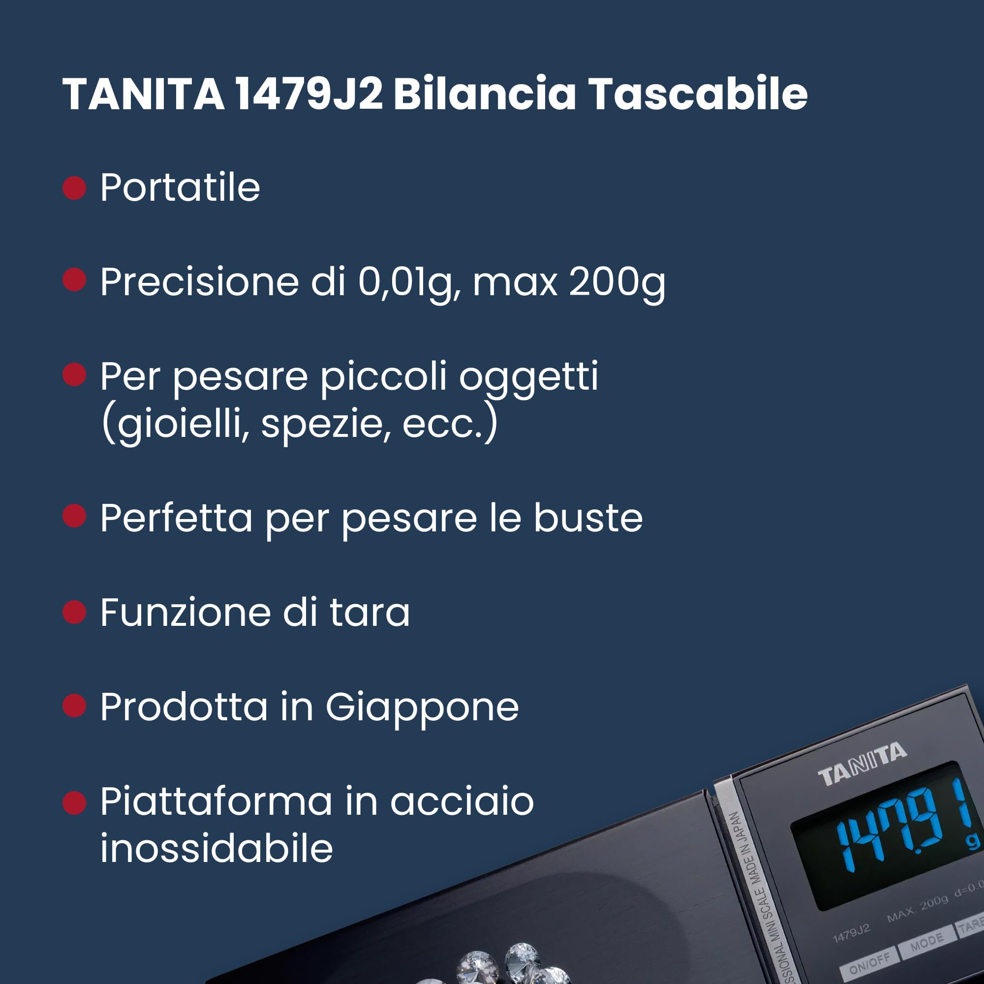 Tanita - 1479J2, Bilancia di precisione professionale, Capacità 200 g, Precisione 0,01 g