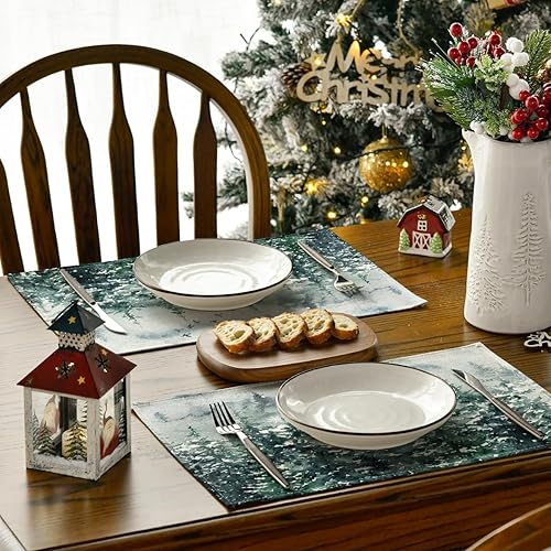 Miniatura 4 de Artoid Mode Green Tree Snow - Juego de 4 manteles individuales de Navidad de 12 x 18 pulgadas para decoración de fiestas, cocina, comedor