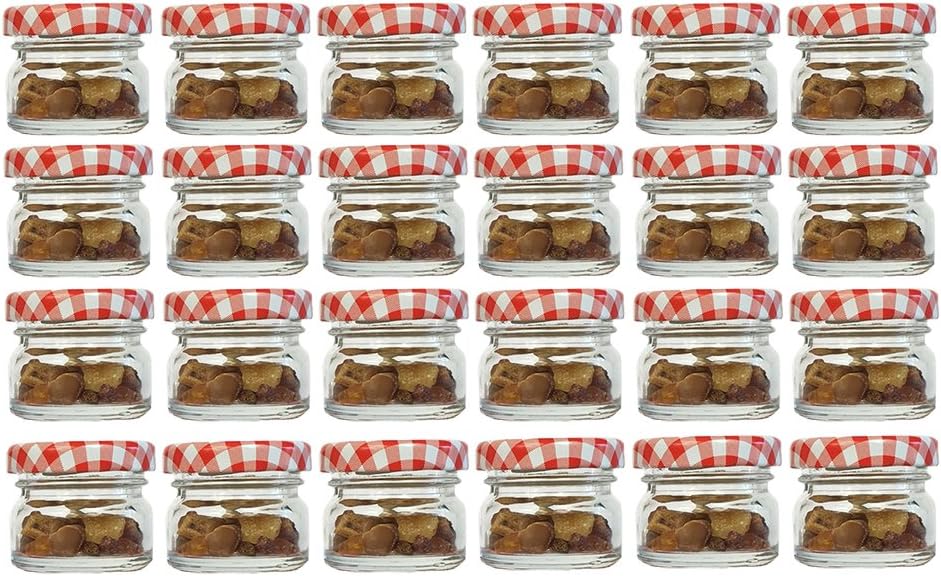hocz Set of 30 Mini Jars | Capacity 30 ml | Lid Colour Red Checked | To 43 Round Jars Jars Fruit Jars Preserving Jars Honey Jars Tasting Jars Beekeepers