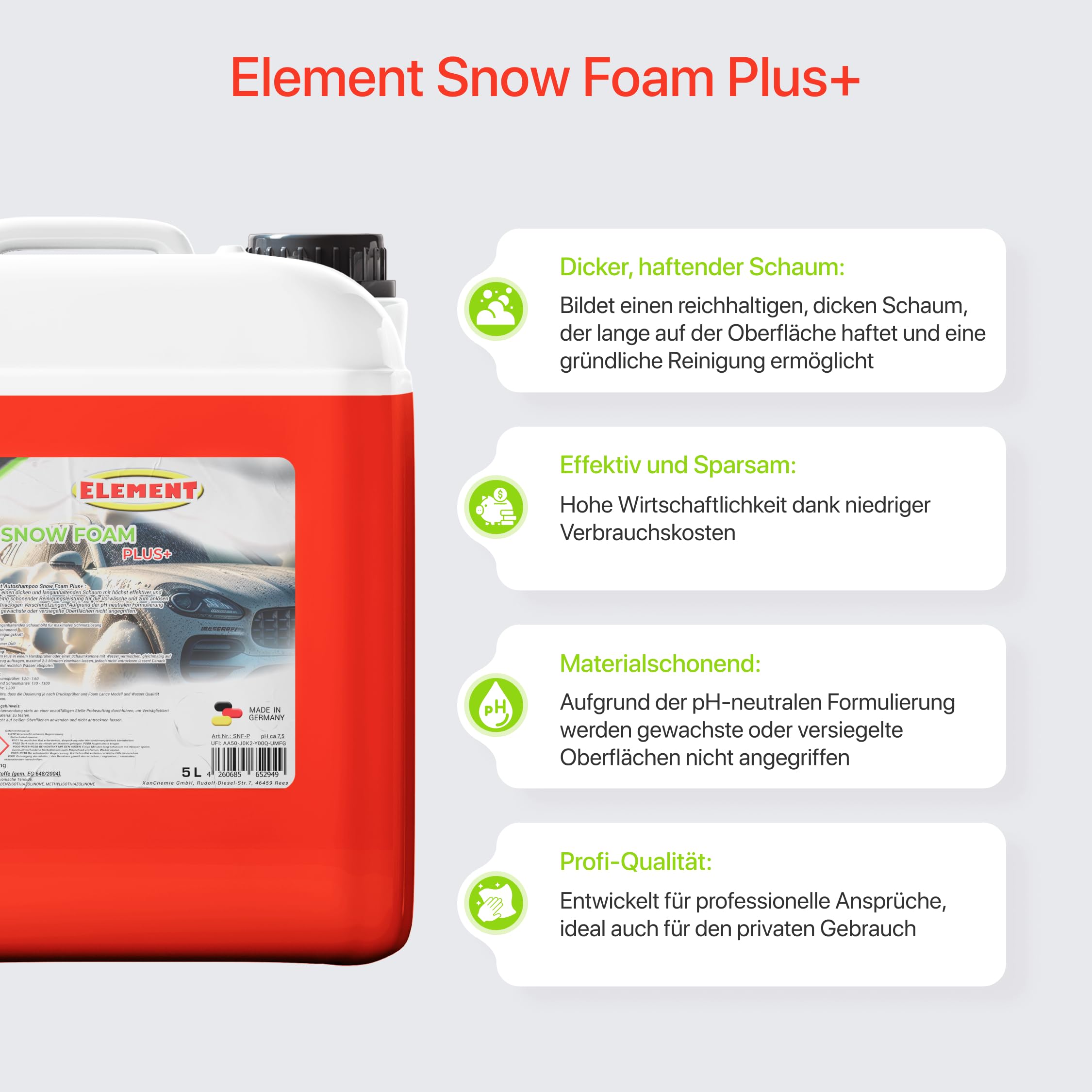 SNOW FOAM PLUS | pH-neutral | Autoshampoo | 5 Liter | Fahrzeugreiniger mit Duft | schonende Vorwäsche mit dichtem Schaum