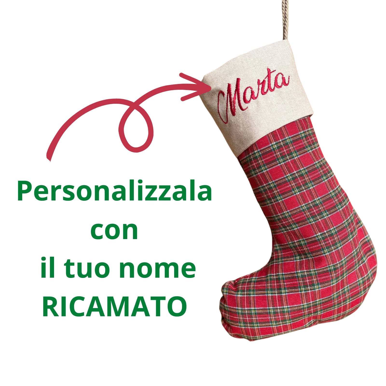 Calza Befana Personalizzata con Nome Ricamato – Calza Natalizia Artigianale in Tartan Rosso – Calza della Befana per Bambini e Adulti – Regalo Personalizzato Natale