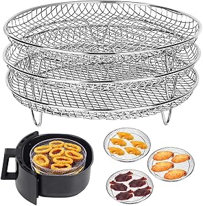 Air Fryer Rack Round Three Stackable Dehydrator Racks Stainless Steel Multi-Layer Air Fryer Basket Tray for Oven & Dual Fryer Compatible Air Fryer Accessories (Round)