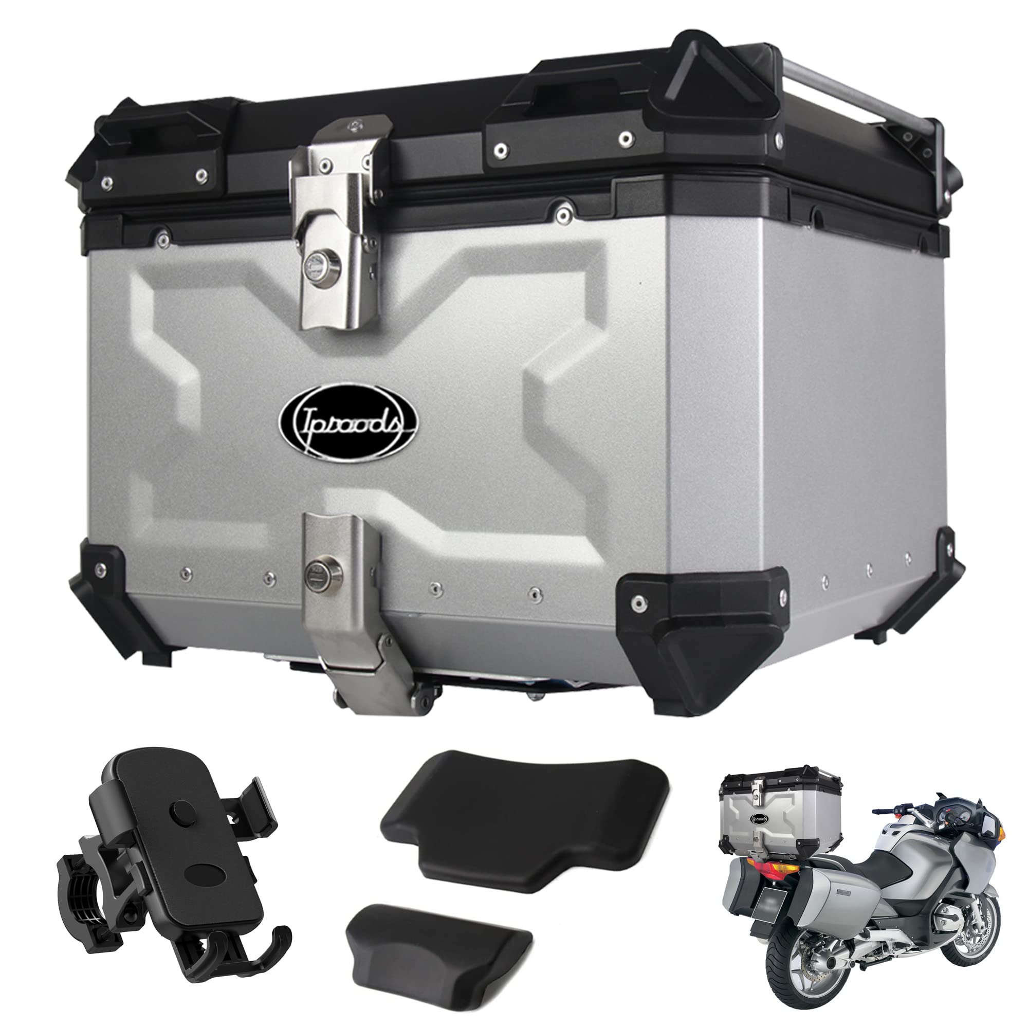 Photo 1 of iproods Motorcycle Top Case Aluminum Motorcycle Tail Box Storage Luggage Trunk (Silver, 55L) Silver 55L