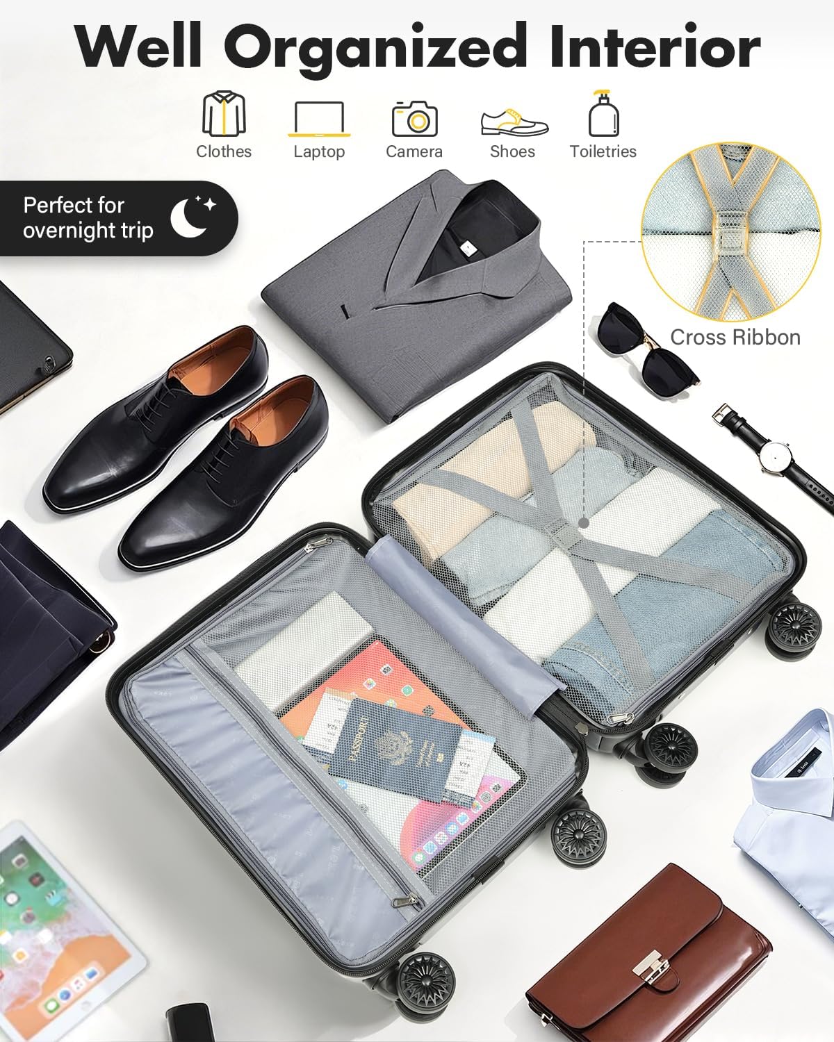 Lekesky 16 Inch Carry on Luggage with Spinner Wheels (Black-Expandable, 16 Inch)