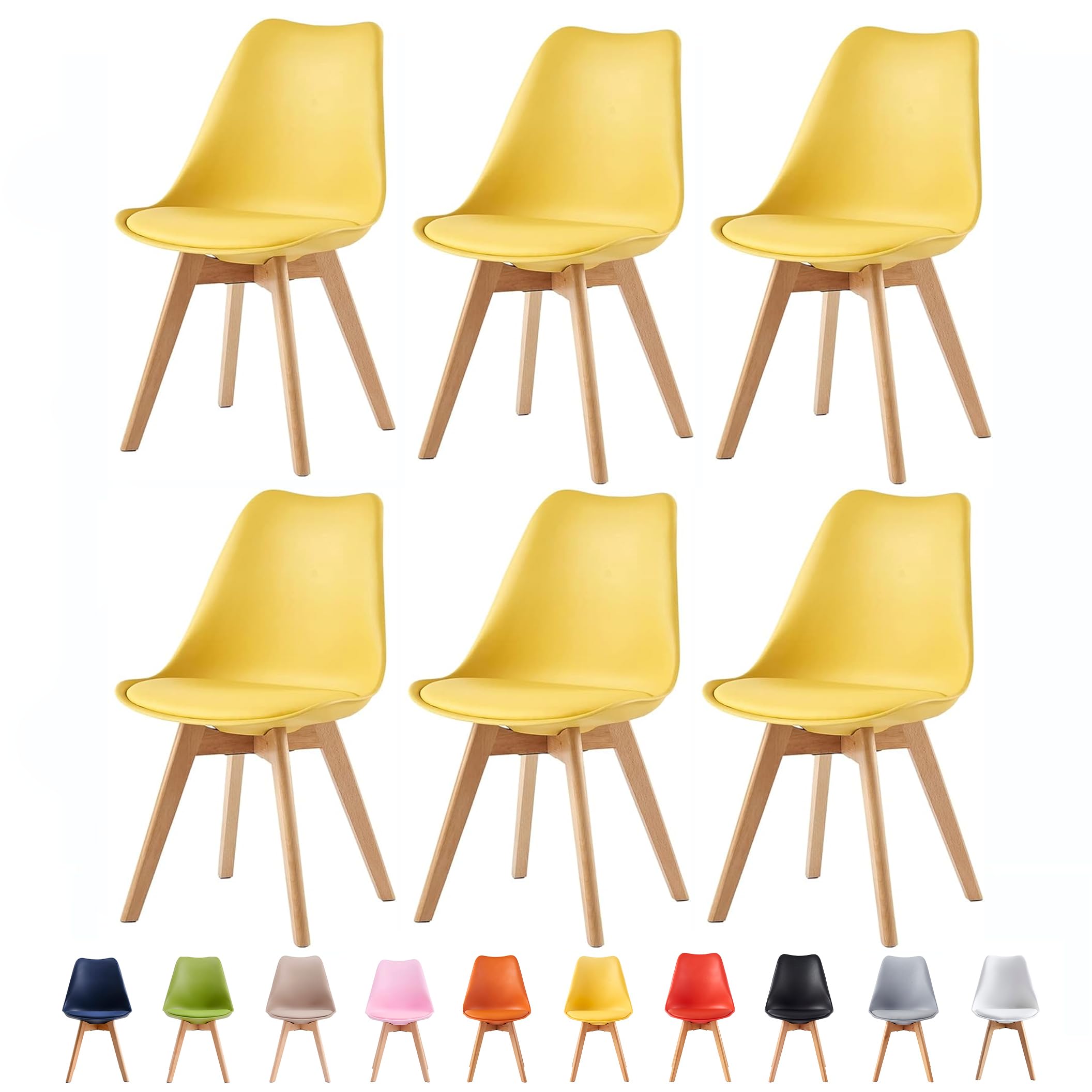 mcc direct Set of 6 Dining Chairs Wooden Legs Soft Cushion Pad Stylish DELUXE Retro Lounge Dining Office EVA (Yellow)