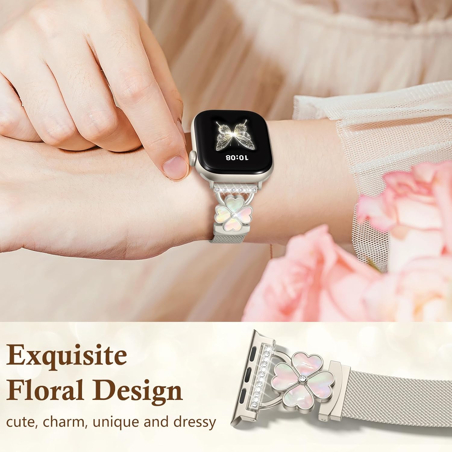 Slim Milanese Loop Band Compatible with Apple Watch Bands for Women 40mm 41mm 38mm 42mm, Stainless Steel Metal Magnetic Mesh Strap with Cute Floral for iWatch Series 11 10 9 8 7 6 5 4 3 SE 3/2/1,Starl - Image 6