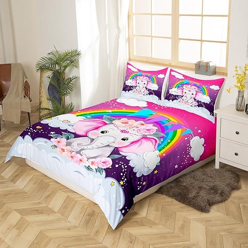Miniatura 2 de Erosebridal Funda de edredón arcoíris para niños y niñas, bonito juego de ropa de cama de elefante, tamaño individual, funda de edredón de animales