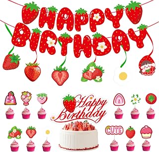 20 Piezas Decoración Cumpleaños de Fresas Set, Happy Birthday Decoracion, Espirales Colgantes, Toppers Tartas, Fiesta Cumpleaños Decoraciones Interior y Exterior para Niños y Adultos, Rojo