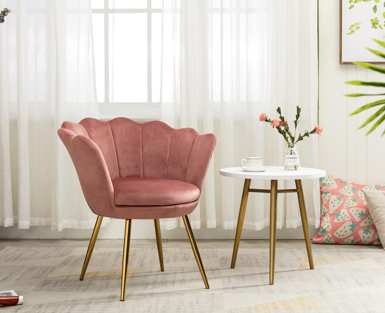 Ya-Home Sillón Individual de Terciopelo Butaca de Salón,Silla Tocador Maquillaje con Patas de Metal，Silla de Concha Moderno para Recepción/Dormitorio/Tocador,Rosa