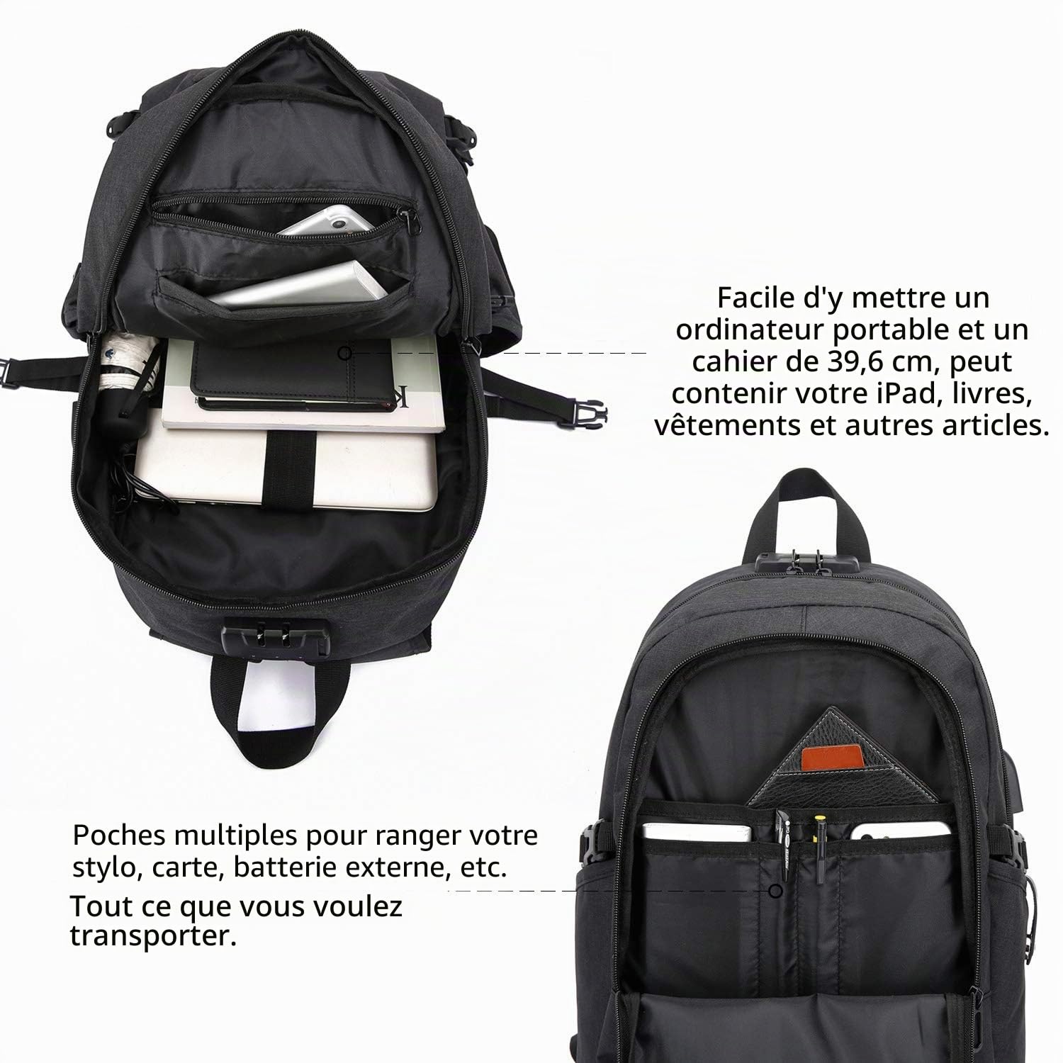Antivol Sac à Dos Ordinateur Portable 15.6 Pouces Homme Imperméable USB Charging Port Sac à Dos D'affaires Noir