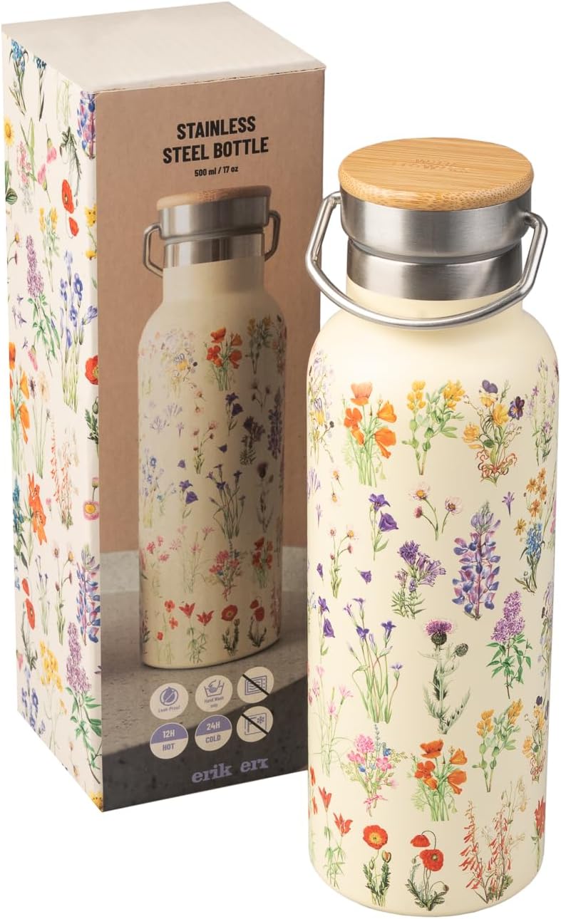 Kokonote Grupo Erik Metal Water Bottle 500ml / 17oz - Wild Flowers | Hot and Cold Water Bottle Stainless Steel, Cute Travel Bottles Gym | Flowers Gifts Under 20 Pounds