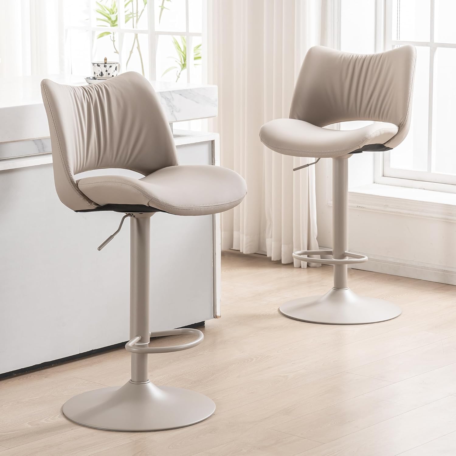 Rowill Bar Stools Set of 2, Modern Counter Height Swivel Adjustable Barstools with Back, Footrest and Metal Base, Faux Leather Bar Chairs Kitchen Island Stool for Home Counter, Khaki