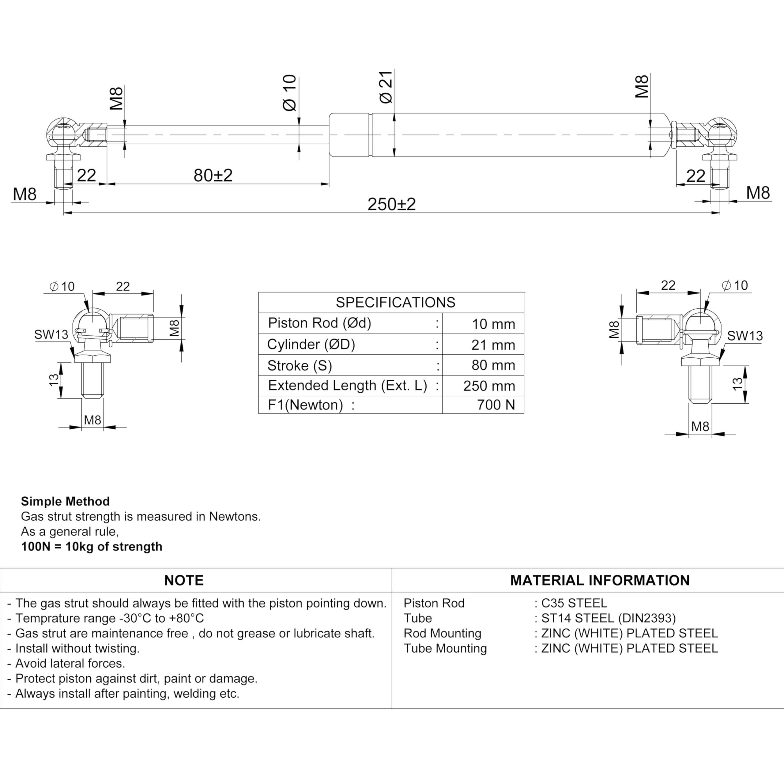 Universal Gasdruckfeder Gasdruckdämpfer Gasfeder Dämpfer für Türen, Autos, Kofferraum Motorhaubendämpfer, Länge 200-900 mm | Newton 100N – 1000N mit Kugelgelenk Endstücke (700 Newton, 250 mm)
