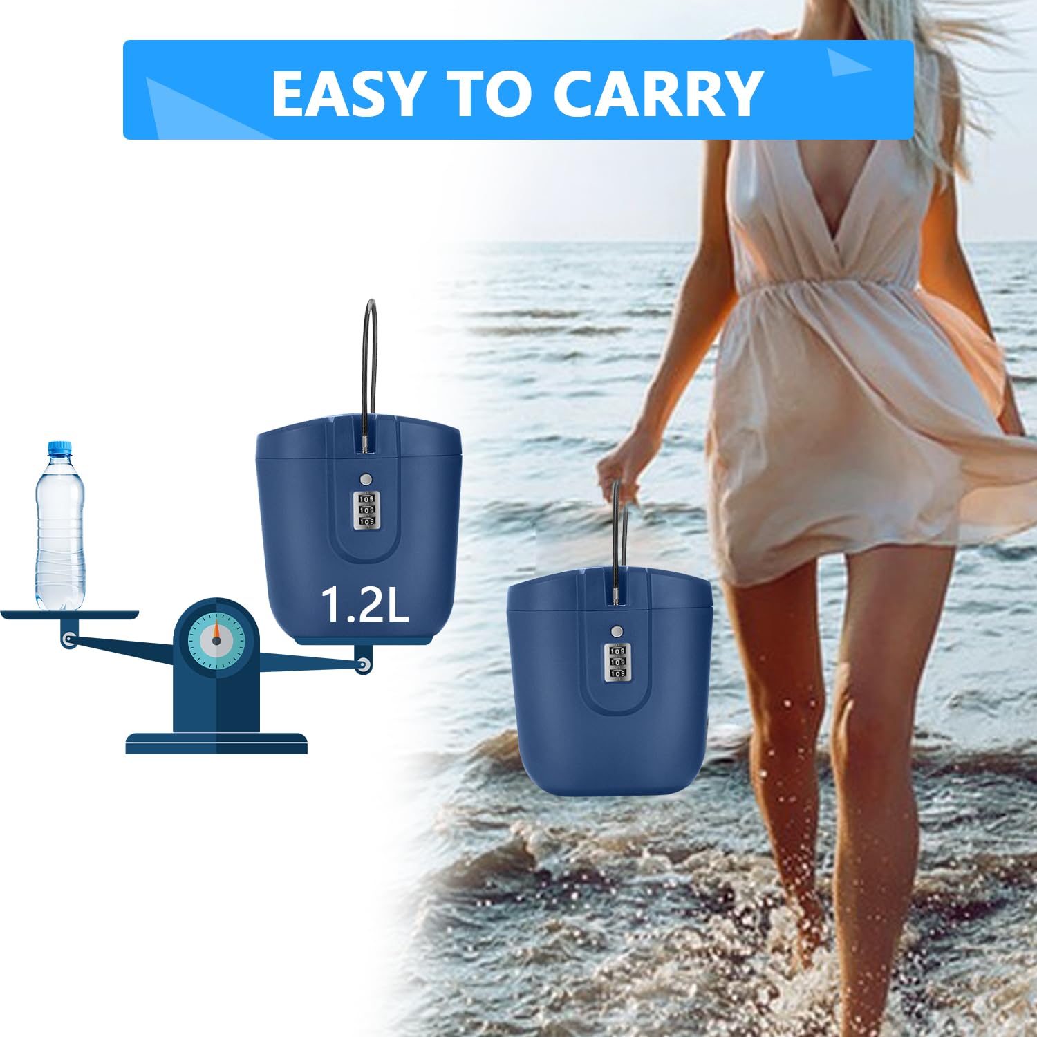 Caja Fuerte para la Playa para Sus Objetos Valor, Segura para la Playa con Cerradura Numérica, Caja de Seguridad Antirrobo Portátil Playa, Camping, Viajes, Deportes, Compras (Azul)