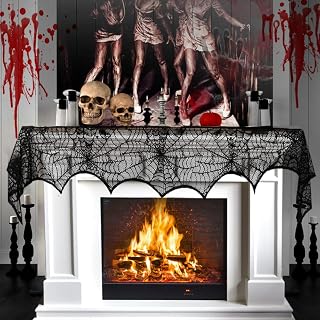 Halloween Fireplace Decoration, Black Lace Spiderweb Fireplace Mantle Scarf, 18 x 96 inch Cobweb Fireplace Scarf for Halloween Party Decorations