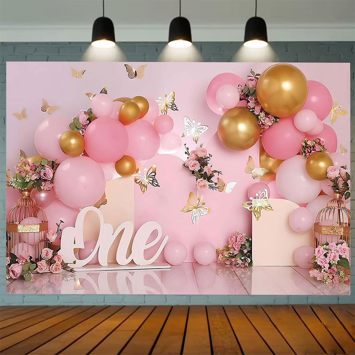 First One Birthday Party Photography Background Pink Balloons Gold Butterfly 1st Birthday Children Birthday Party Decorations Newborn Baby Shower Cake