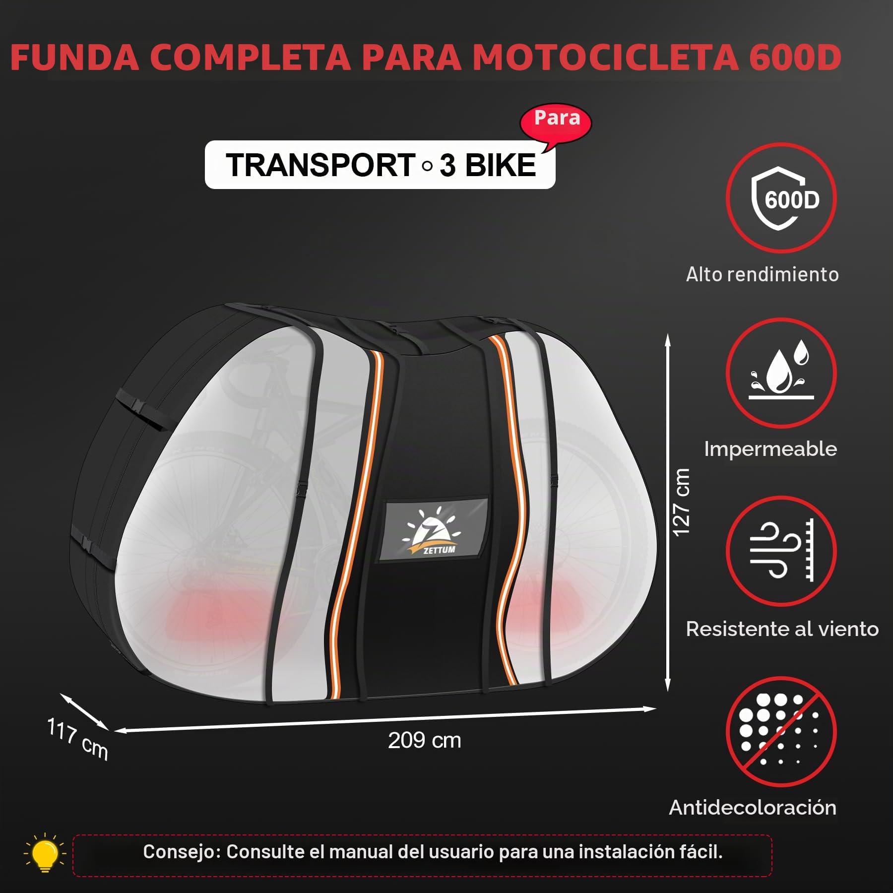 Zettum Funda de Bicicleta para 3 Bicicleta, Cubierta Protector para Bicicleta 602D Oxford Impermeable y Resistente Funda de Bicicleta con Hebillas Inteligentes Resistentes al Viento (Transparente)