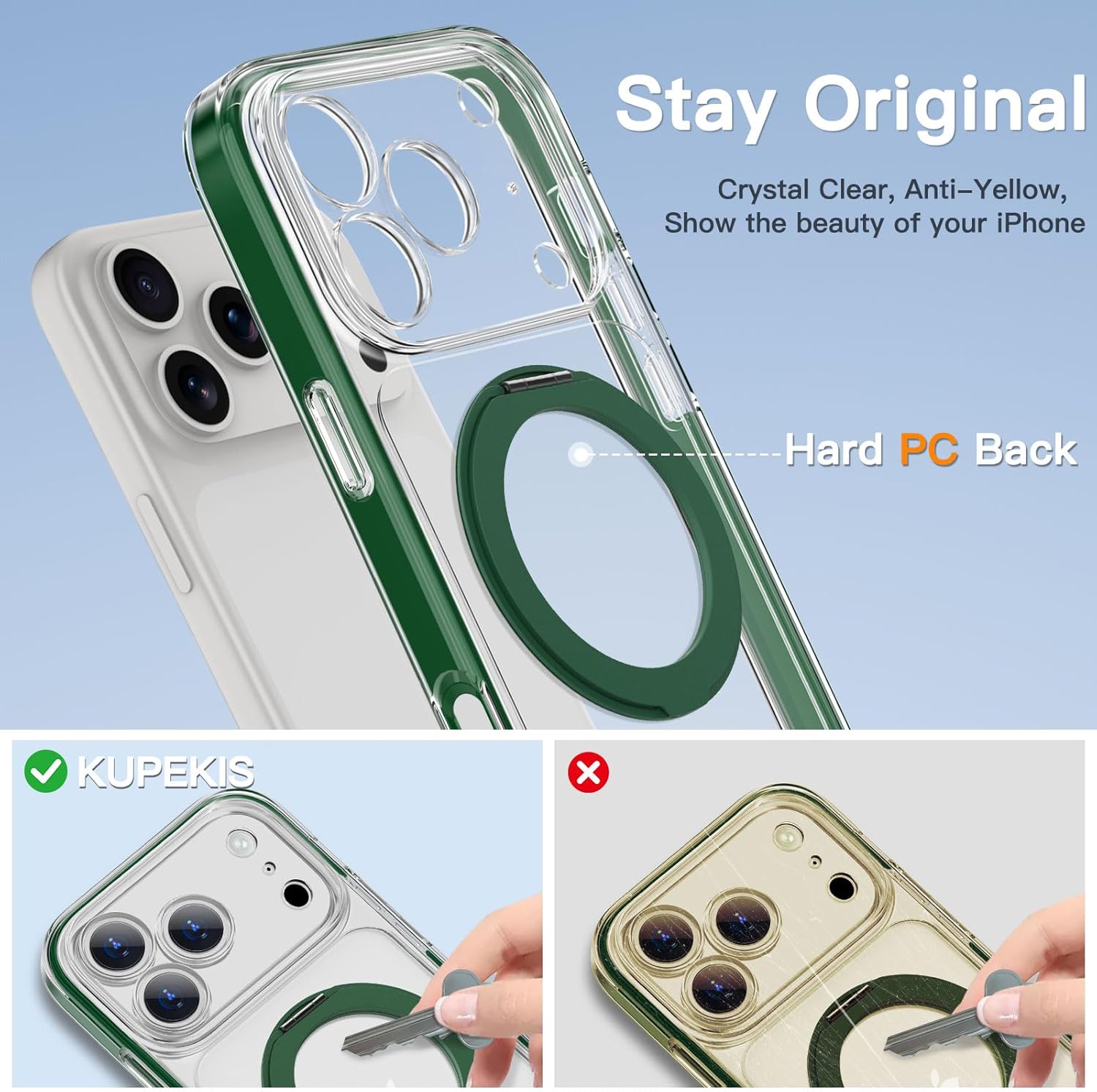 Magnetic for iPhone 17 Pro Case Non-Yellowing [2 x Screen Protector] Compatible with MagSafe Military Grade 17 FT Drop Shockproof Full Camera Protection 360° Spin Stand Phone Cover Green