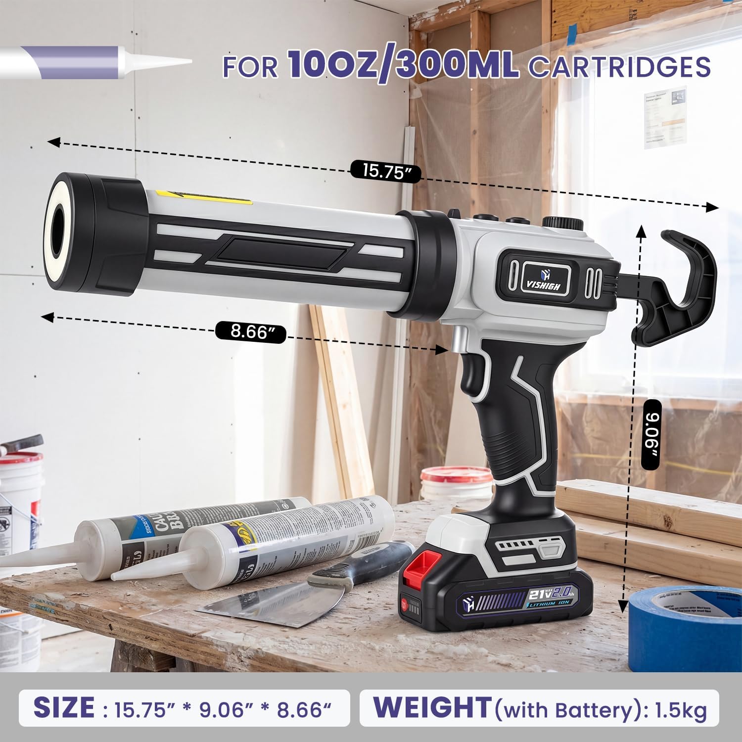 VISHIGH Cordless Caulking Gun Brushless, w/ 2 Batteries for 10oz/300ml Cartridge, 2-speed Auto Retract, with Retract Key&Front Lighting
