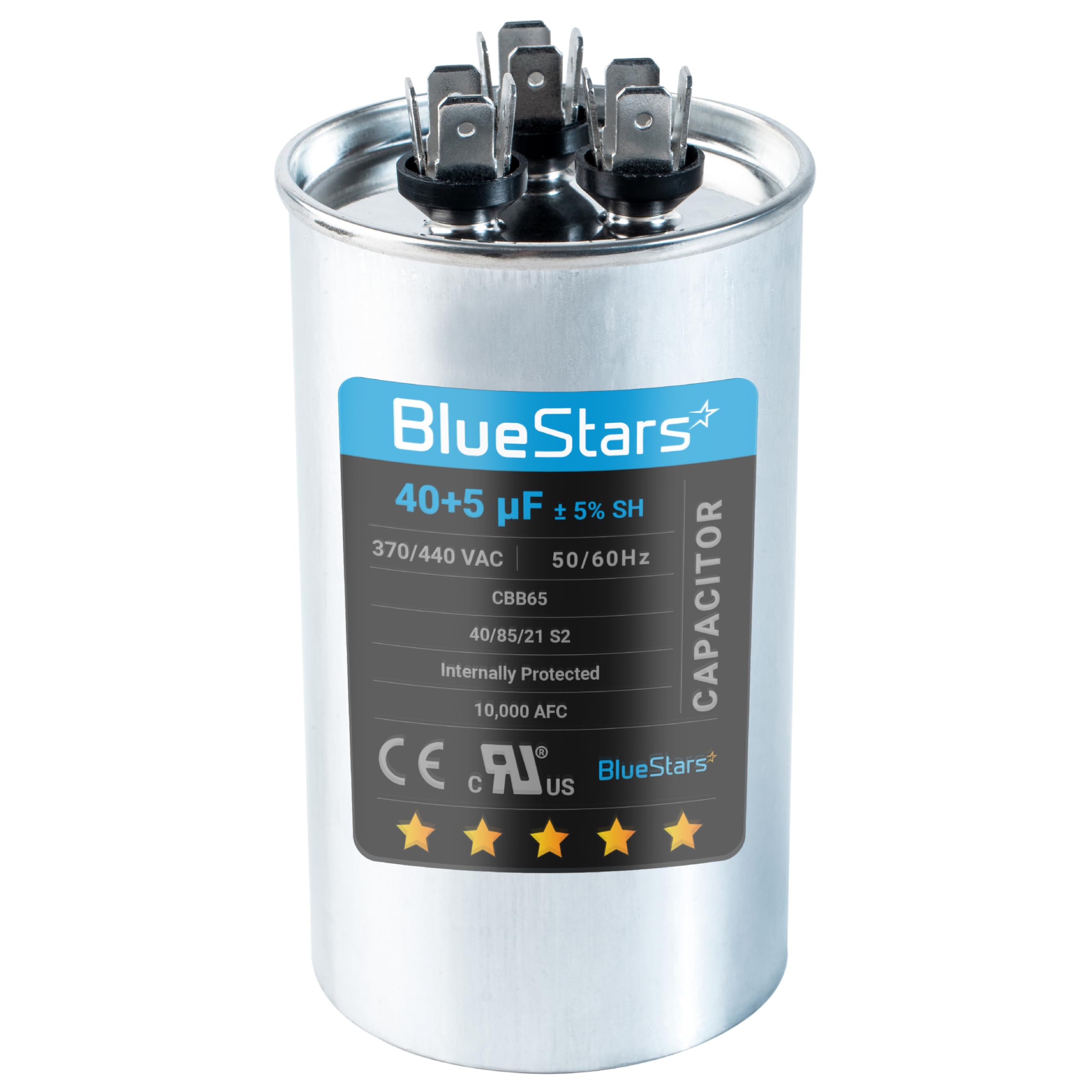 40 + 5 MFD uf 370 or 440 Volt VAC Round Dual Run Capacitor by Blue Stars - Compatible for Air Conditioner or Heat Pump Condenser