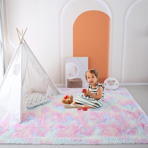 Miniatura 3 de Alfombras esponjosas de arco iris para dormitorio de niñas, sala de estar, alfombra peluda de felpa pastel para habitación de niños de 4 x 6 pies,