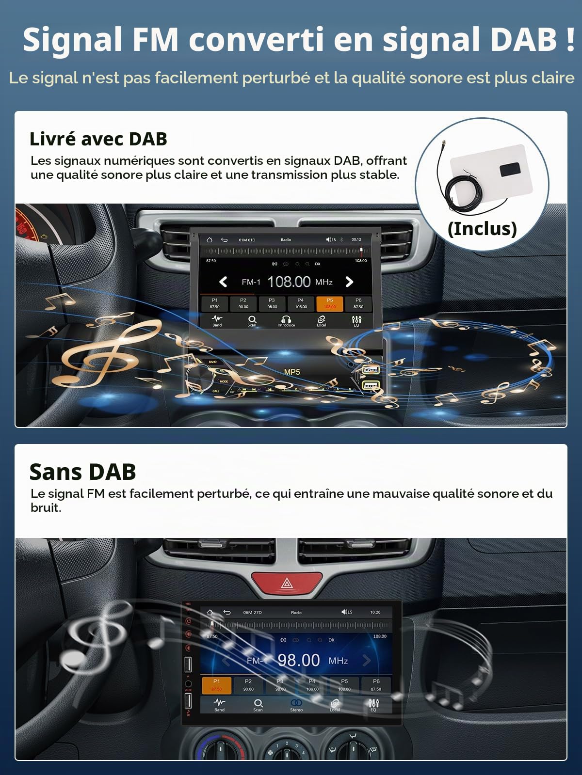 Dab+ Autoradio 1 DIN 7" Wireless CarPlay Android Auto BT