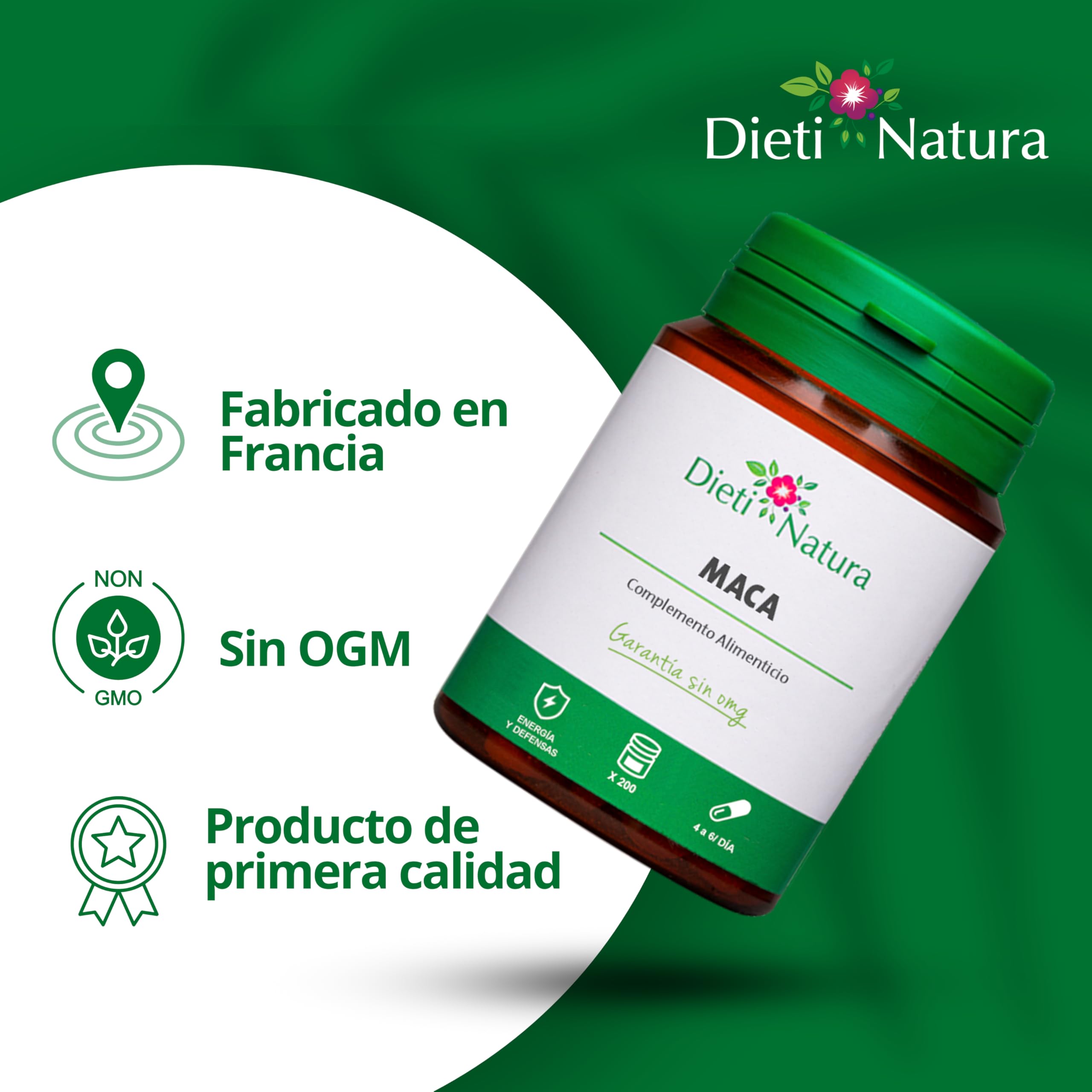 Dieti Natura Maca Peruana Pack de 4 200 cápsulas - Ayuda a dinamizar el Organismo y Estimula el Rendimiento Físico y Mental - Estimula la Líbido - Fabricado en Francia, Garantía sin OGM