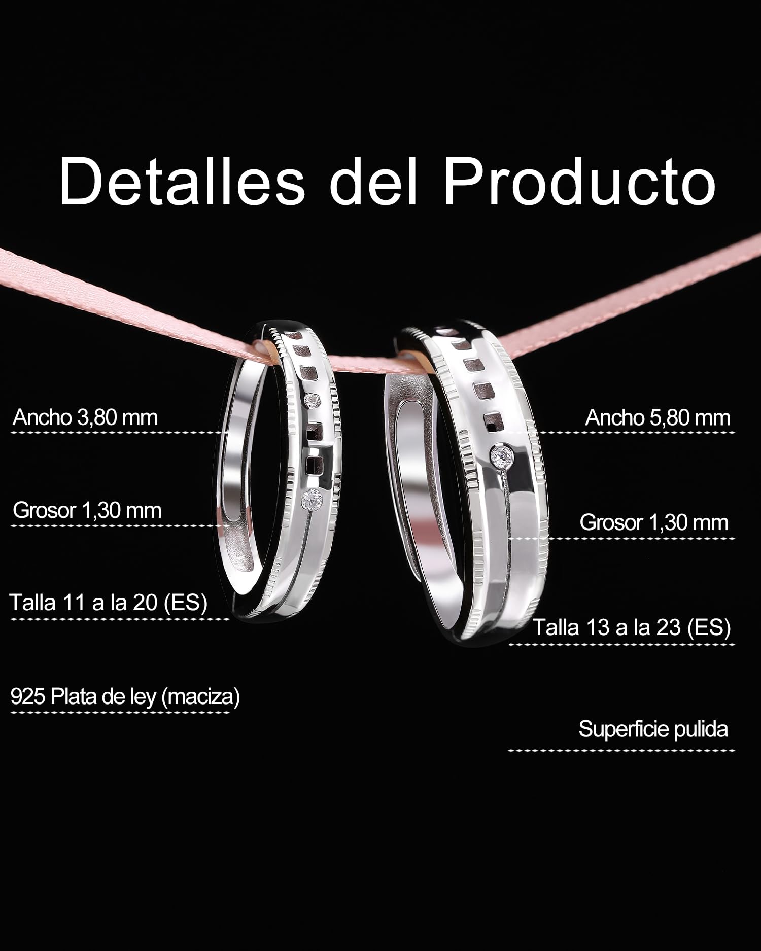 Meissa Anillos de Pareja de Plata 925 Ajustables para Hombre y Mujer Compromiso y Matrimonio 3,8 mm 5,8 mm Joyería de Pareja Regalo para San Valentín Aniversario Cumpleaños